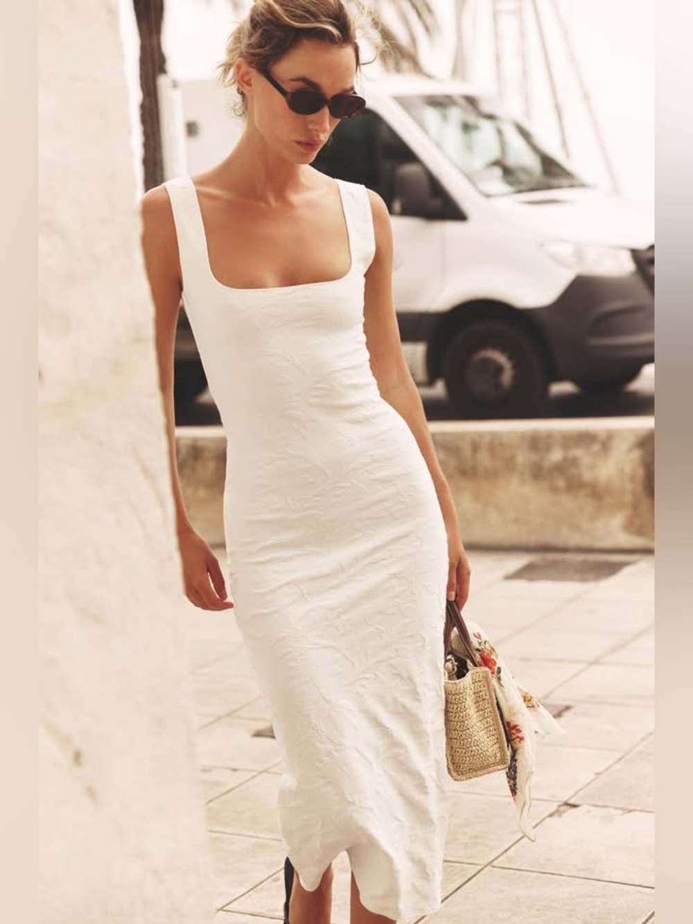Zara White Jacquard Textured Midi Dress. L NWT